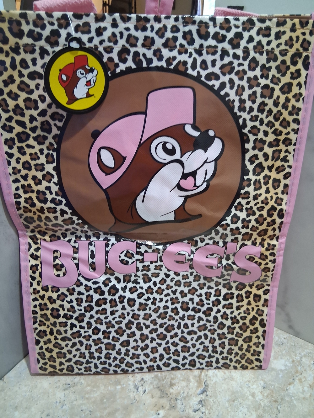 Buc-ees Leopard Print Tote with Pink Trim